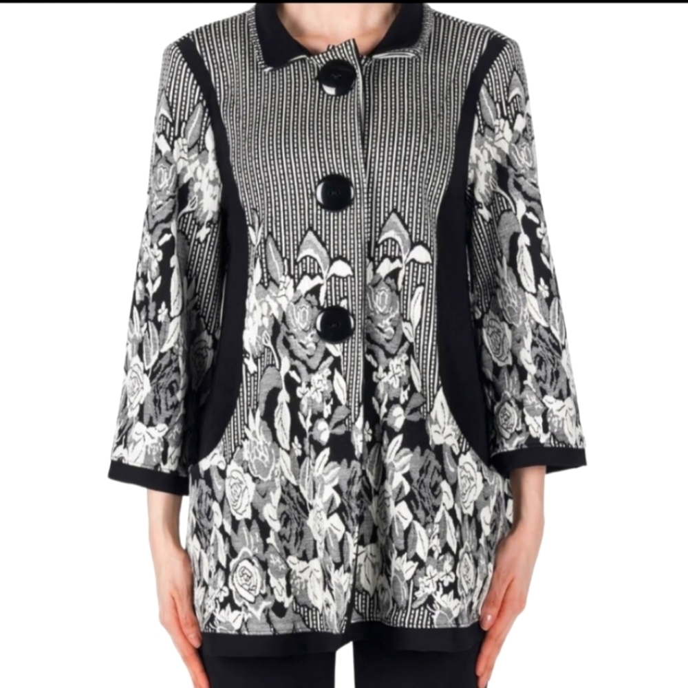 Joseph Ribkoff Black/Off-White Floral Jacquard Jacket Size 10